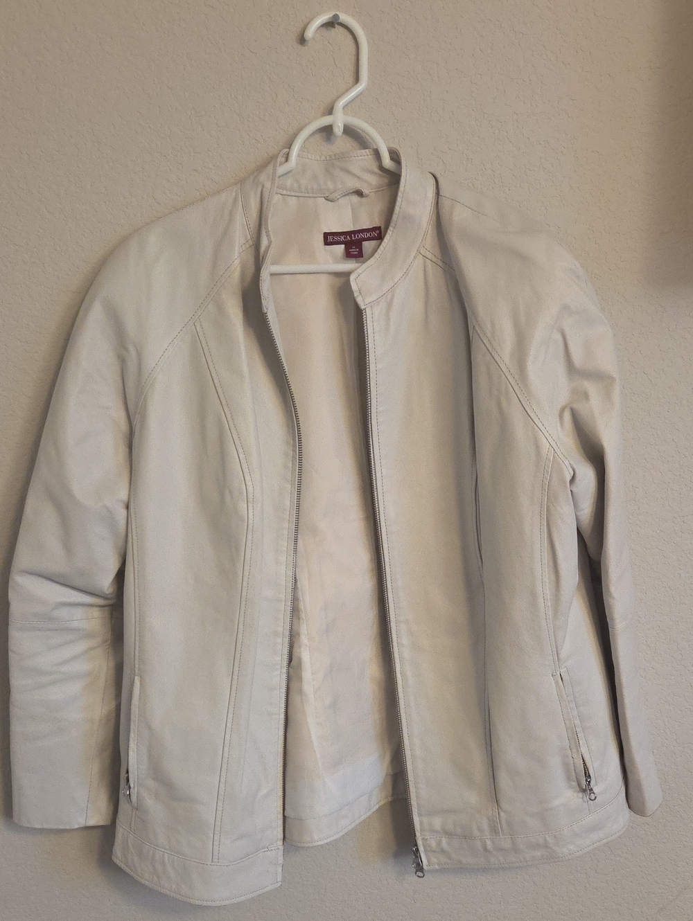 Jessica London Off-White Genuine Leather Zip Jacket Plus Size 14
